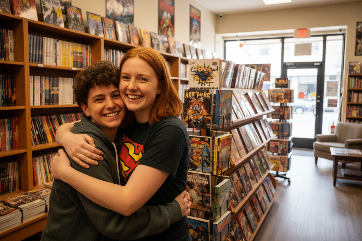someone receiving a hug from a friend both happy they are inside a comic book shop